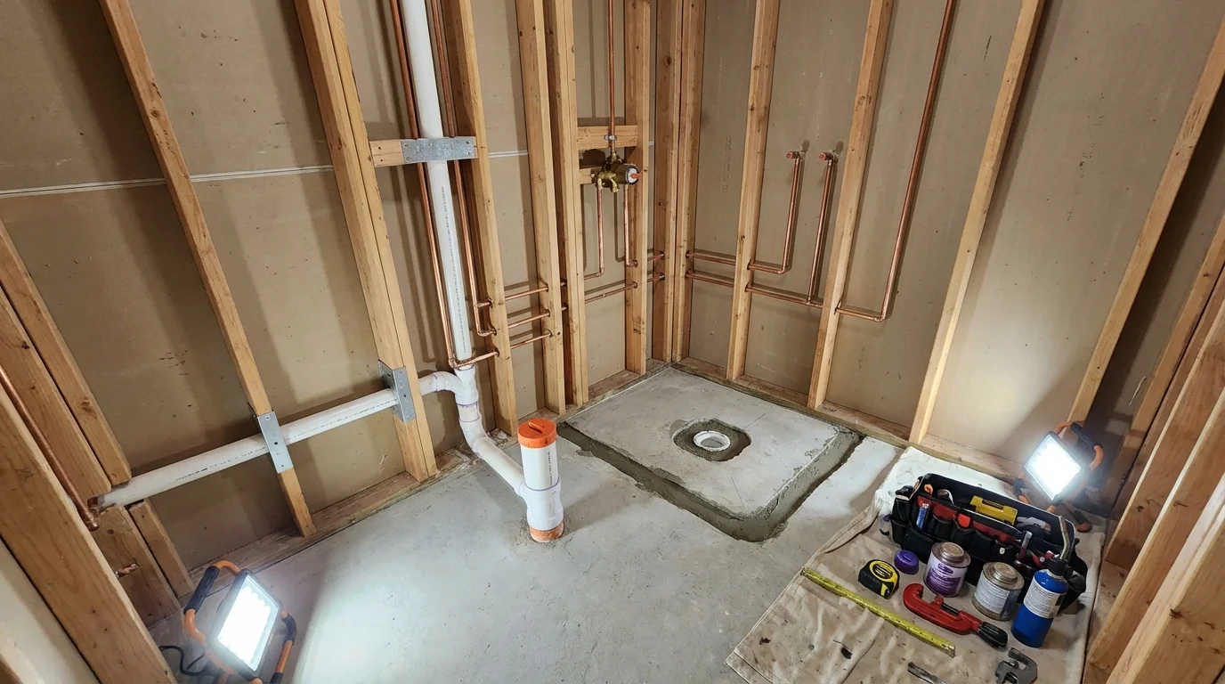 Bathroom rough-in plumbing during remodel by Johns Plumbing LLC in Custer