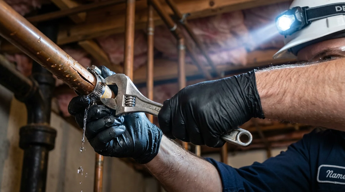 Emergency pipe clamp repair being performed by a Johns Plumbing LLC plumber in Custer