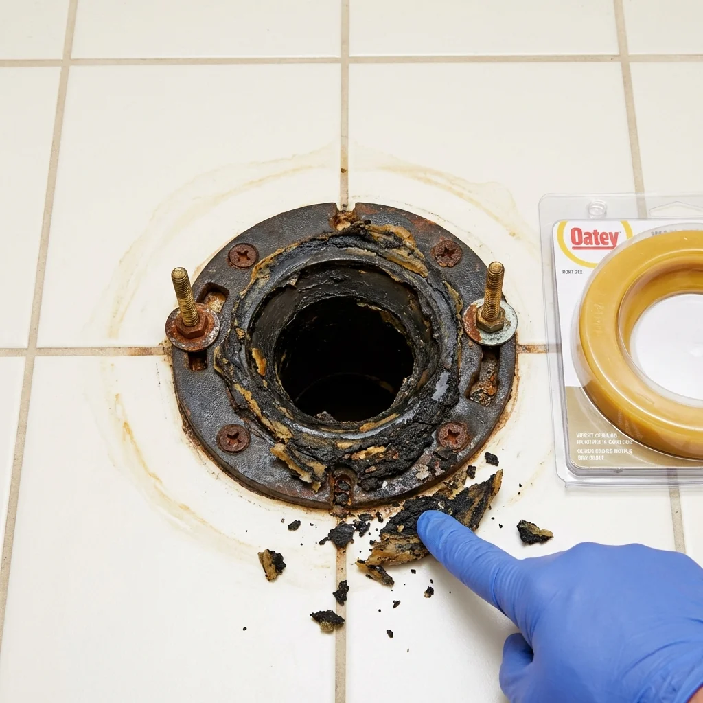 Failed wax ring showing water seepage at the base of a toilet in a Custer, SD home