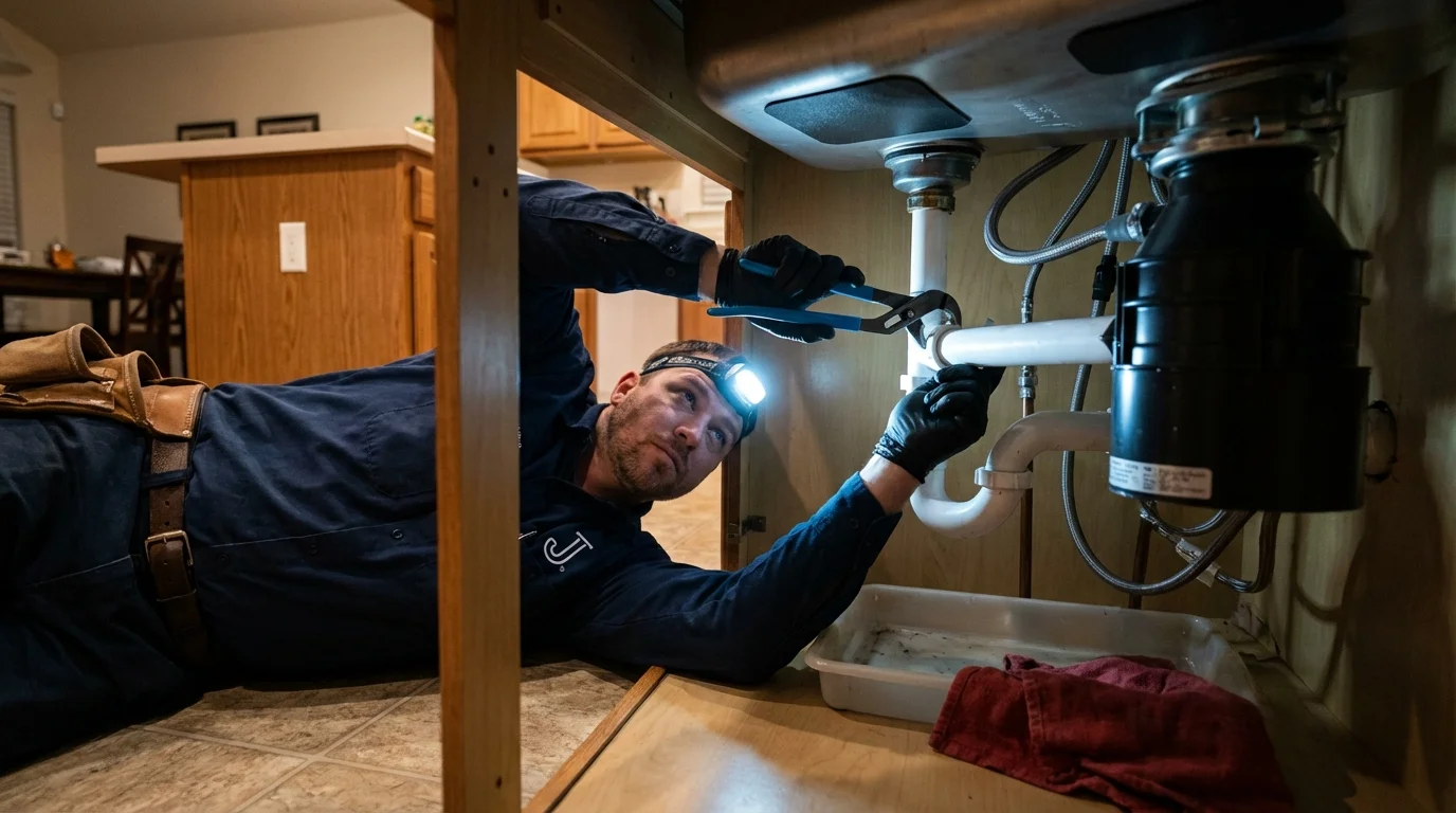 P-trap and supply line connections under a kitchen sink showing a common leak point in Custer, SD
